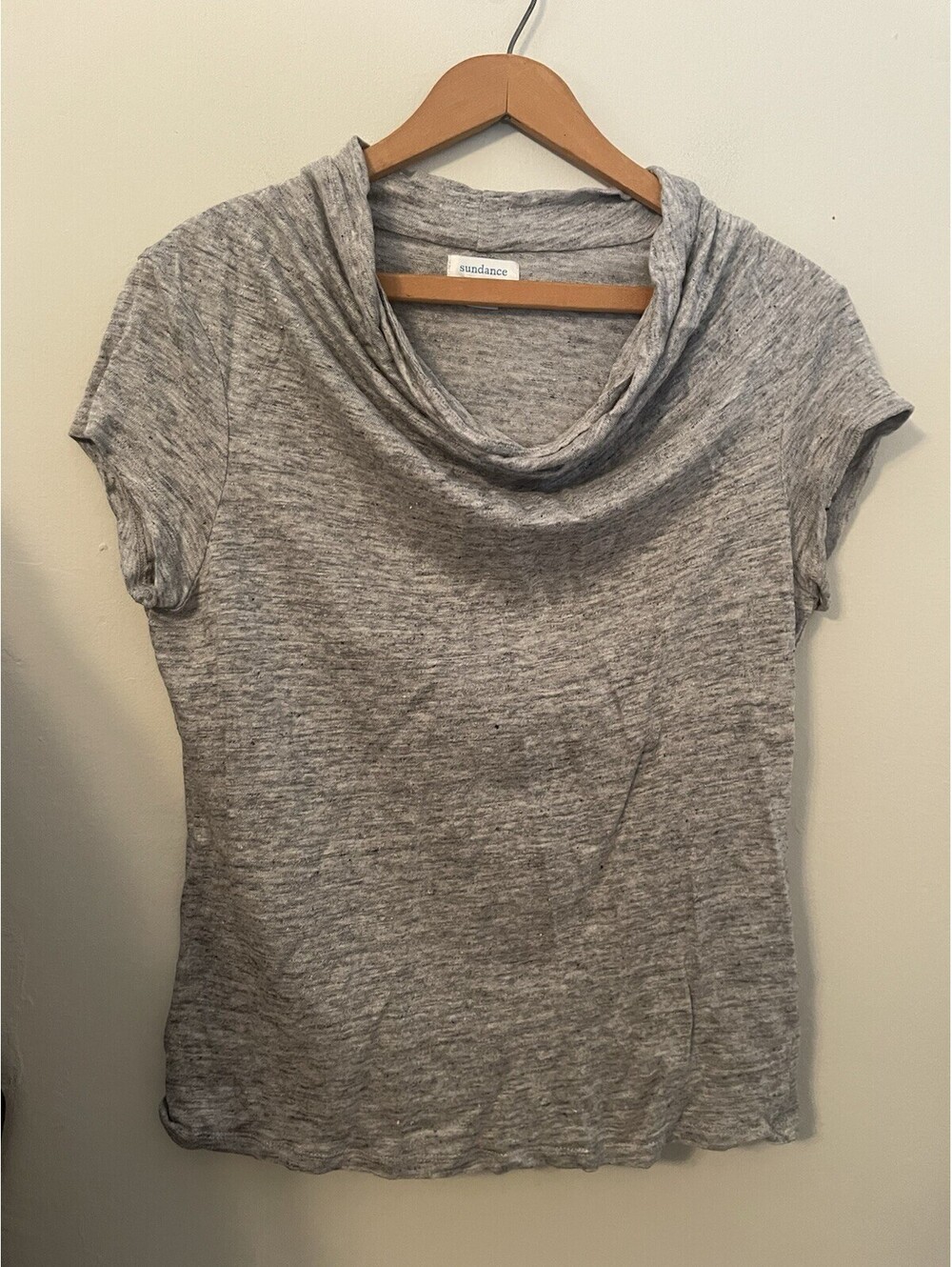 Sundance Gray 100% Linen Draped Neck Top Short Sleeve Petite Small P S Shirt